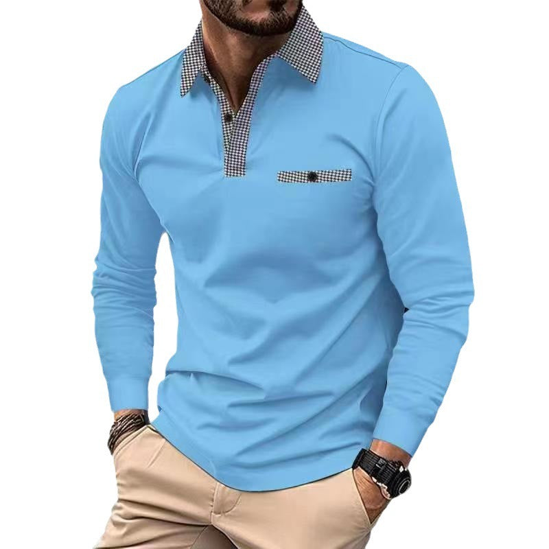 Leisure Plaid Lapel Polo Shirt Fashion Solid Color Long Sleeve Tops Men's Clothing - Alsy store