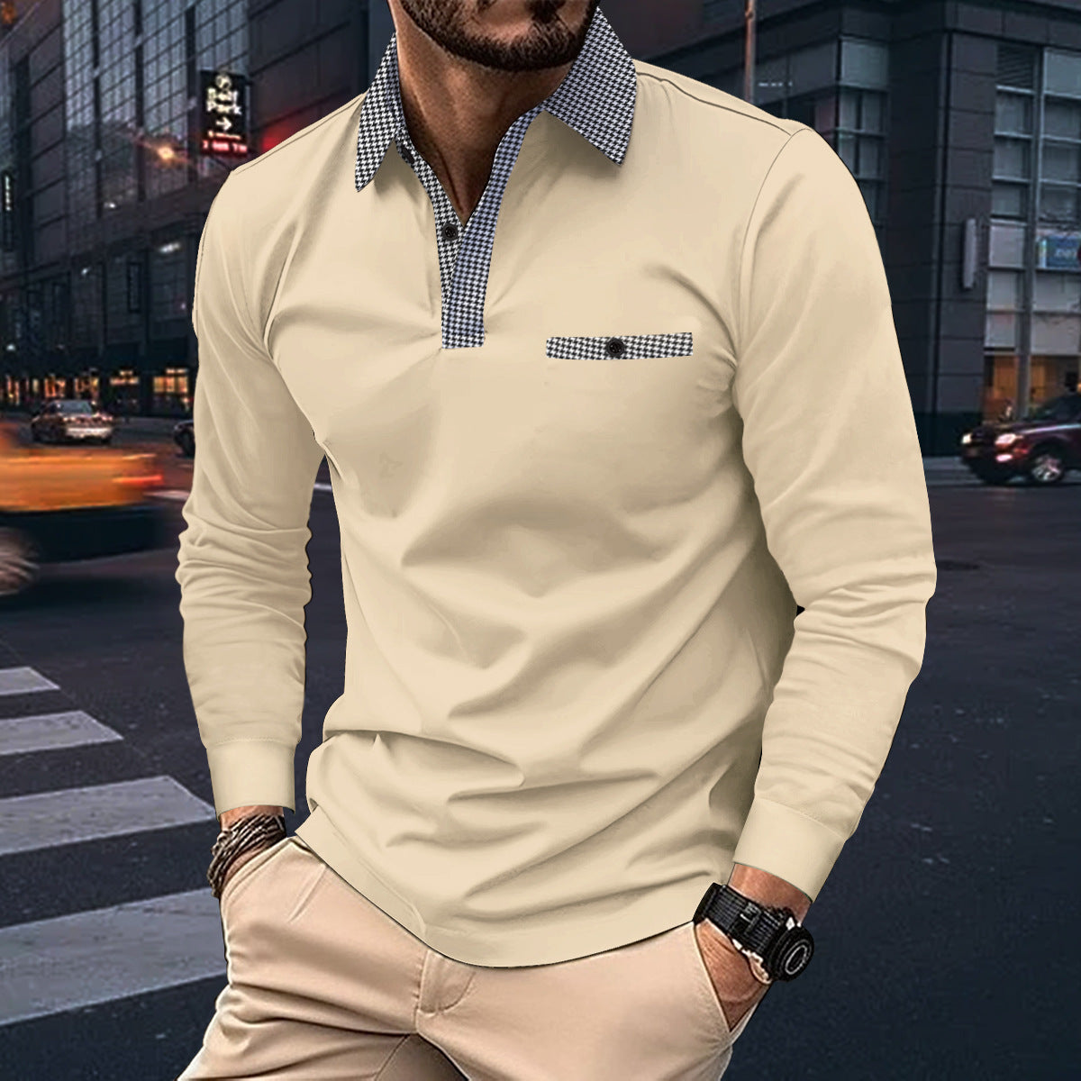 Leisure Plaid Lapel Polo Shirt Fashion Solid Color Long Sleeve Tops Men's Clothing - Alsy store
