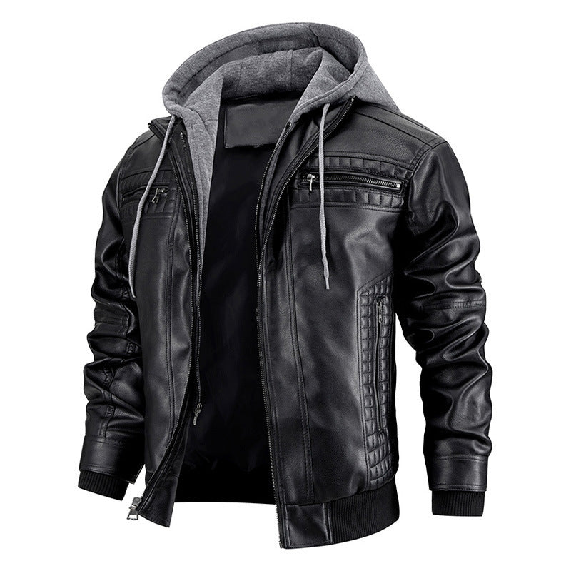 Hooded Jacket With Zipper Pockets Fashion Warm Pu Leather Coat Mens Clothing Alsy store