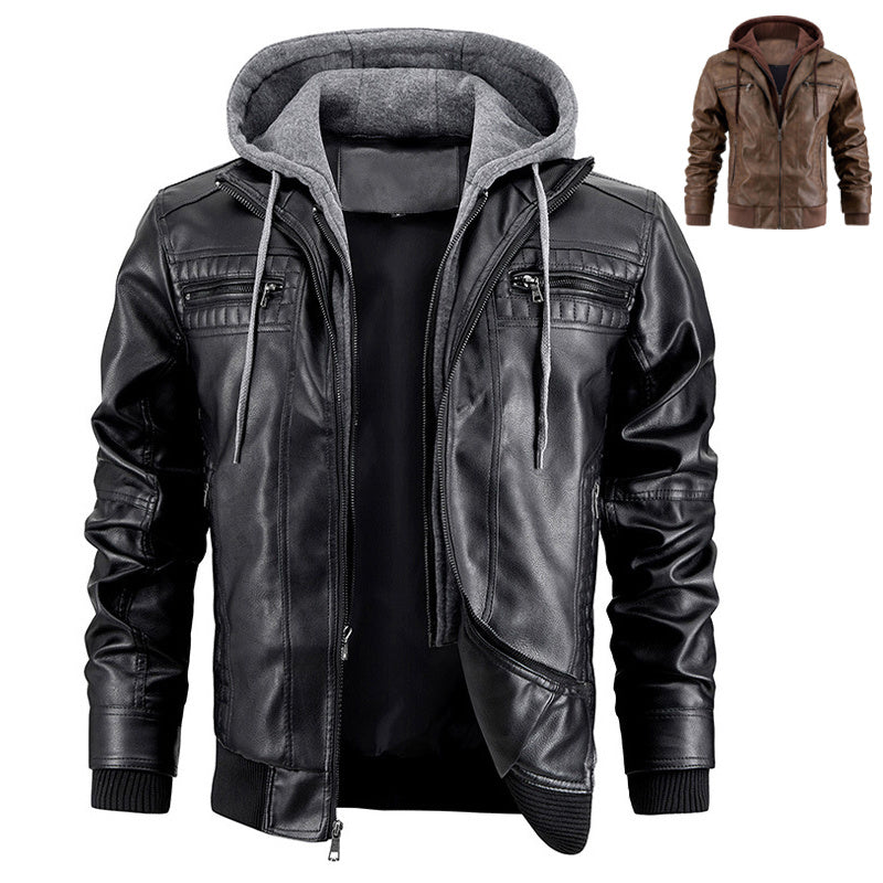 Hooded Jacket With Zipper Pockets Fashion Warm Pu Leather Coat Mens Clothing Alsy store