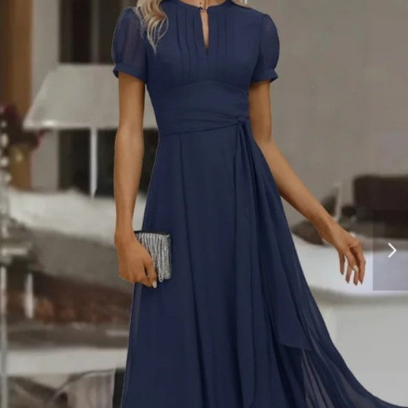 Independent Station Chiffon Zipper Belt Patchwork Stand-up Collar Dress Alsy store