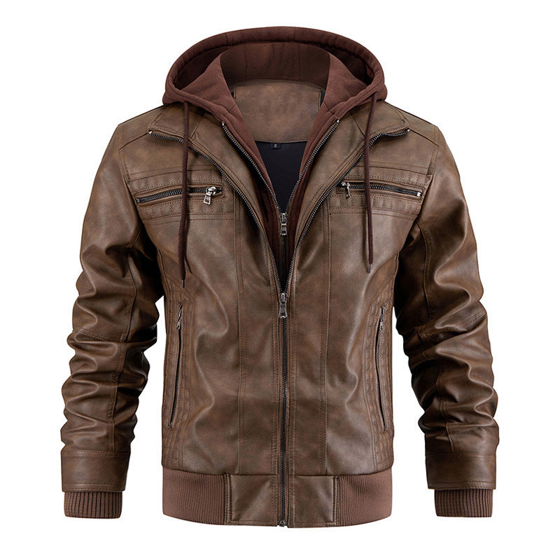Hooded Jacket With Zipper Pockets Fashion Warm Pu Leather Coat Mens Clothing Alsy store