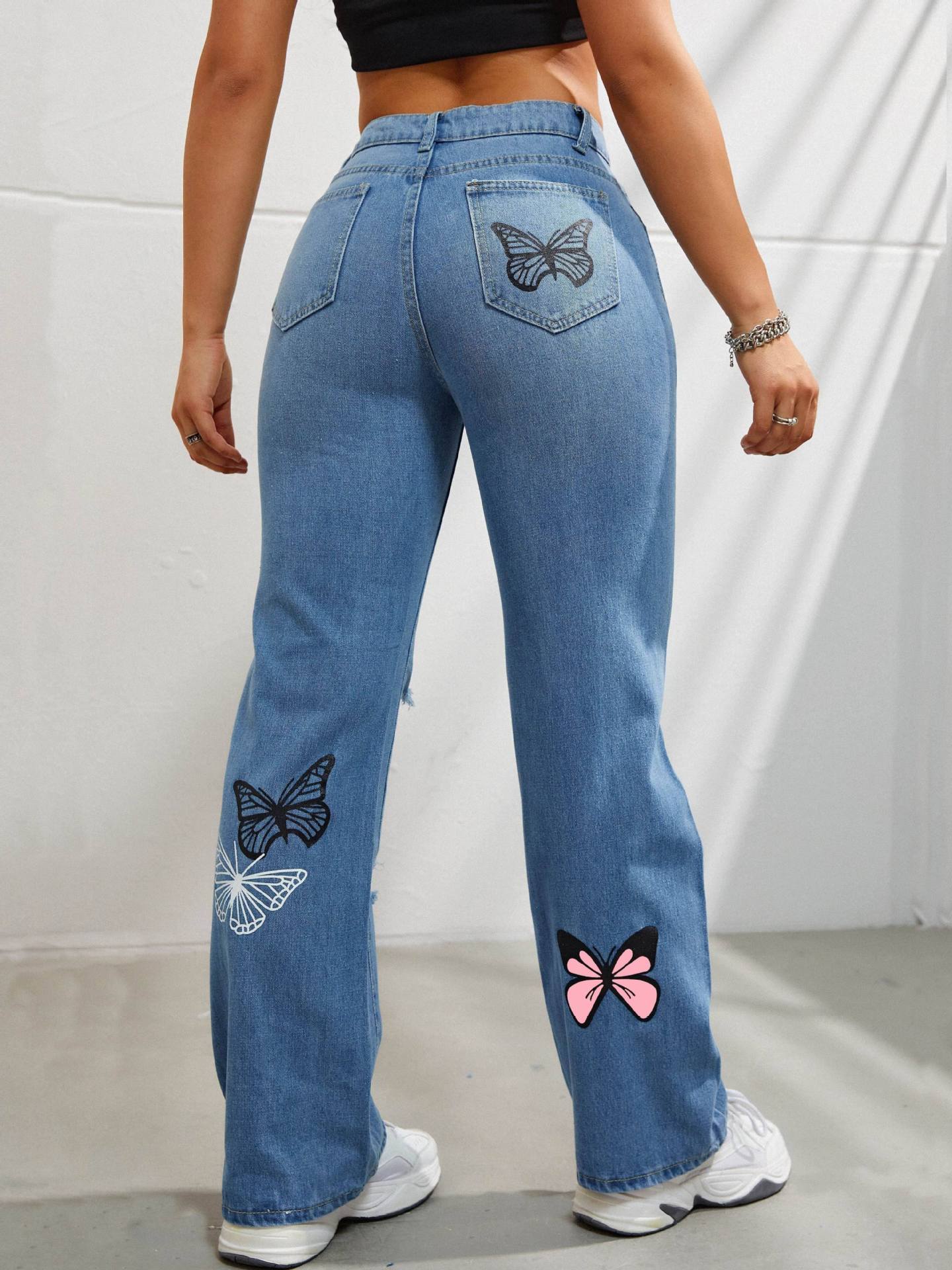 High Waisted Straight Leg Jeans For Women Trendy Butterfly Print Ripped Distressed Denim Pants - Alsy store