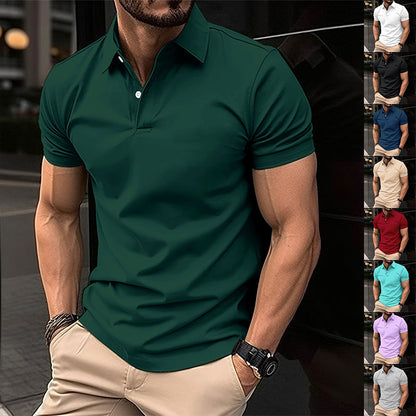 Summer Short Sleeve Polo Shirt Men Solid Color Button Lapel Button Top - Alsy store