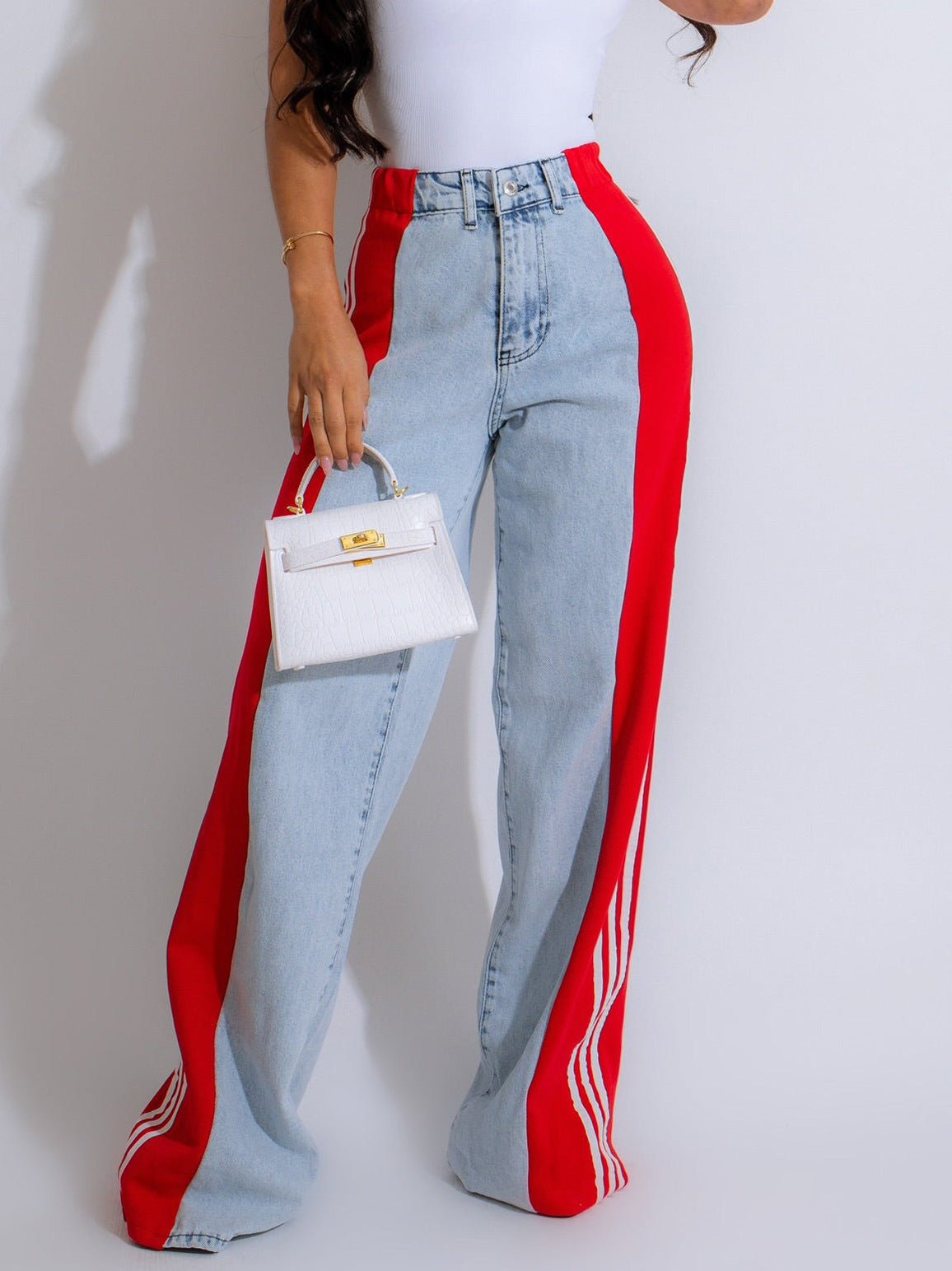 2024 Fashion Casual High Waist Elastic Straight Leg Trousers Three Stripe Patchwork Denim Wide Leg Pants Streetwear - Alsy store