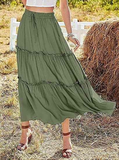 Women's Elastic High Waist A-Line Pleated Casual Maxi Dress - Alsy store