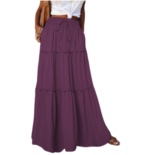 Women's Elastic High Waist A-Line Pleated Casual Maxi Dress - Alsy store