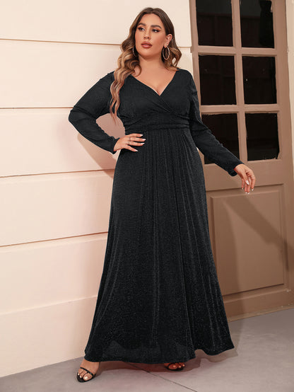 European And American V-neck Long Sleeve Mesh Dress