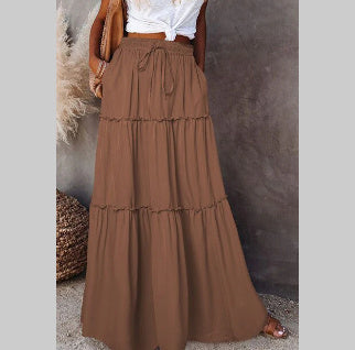 Women's Elastic High Waist A-Line Pleated Casual Maxi Dress - Alsy store