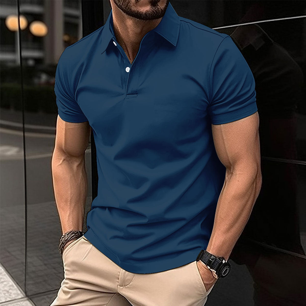 Summer Short Sleeve Polo Shirt Men Solid Color Button Lapel Button Top - Alsy store