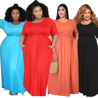 Net color pleated big swing short sleeve long large size dress