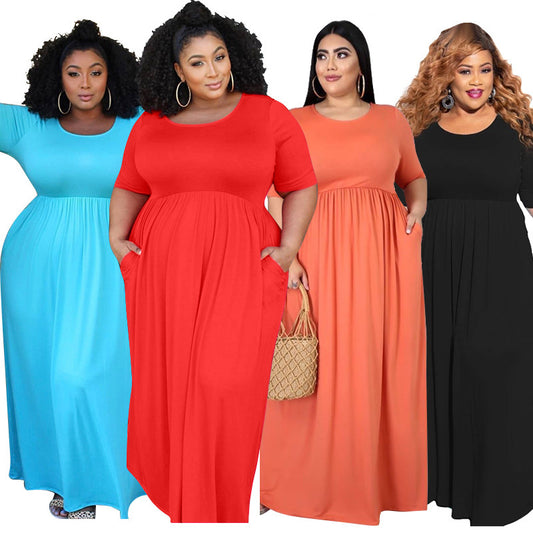 Net color pleated big swing short sleeve long large size dress