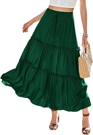 Women's Elastic High Waist A-Line Pleated Casual Maxi Dress - Alsy store