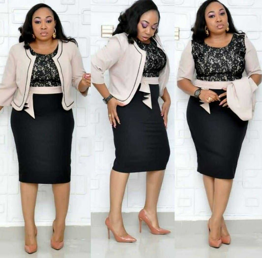 African Woman's Lace Stitching Dress Two-Piece Suit