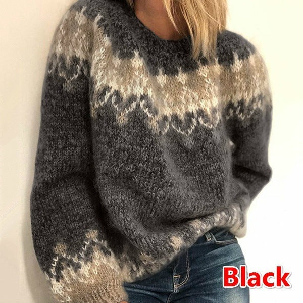 Casual Pullover Jacquard Sweater Autumn And Winter Fashion Ethnic Style Knitted Tops Women's Clothing