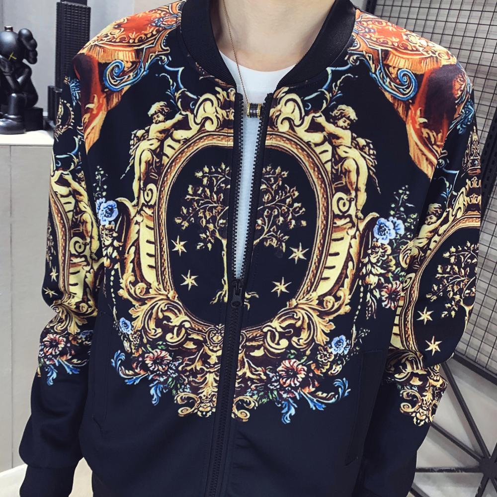 Autumn Men's Sports 2-Piece Gold Print Jacket Pant Tracksuit Suit New Men Sportswear Hombre Men's Casual Printing Suit