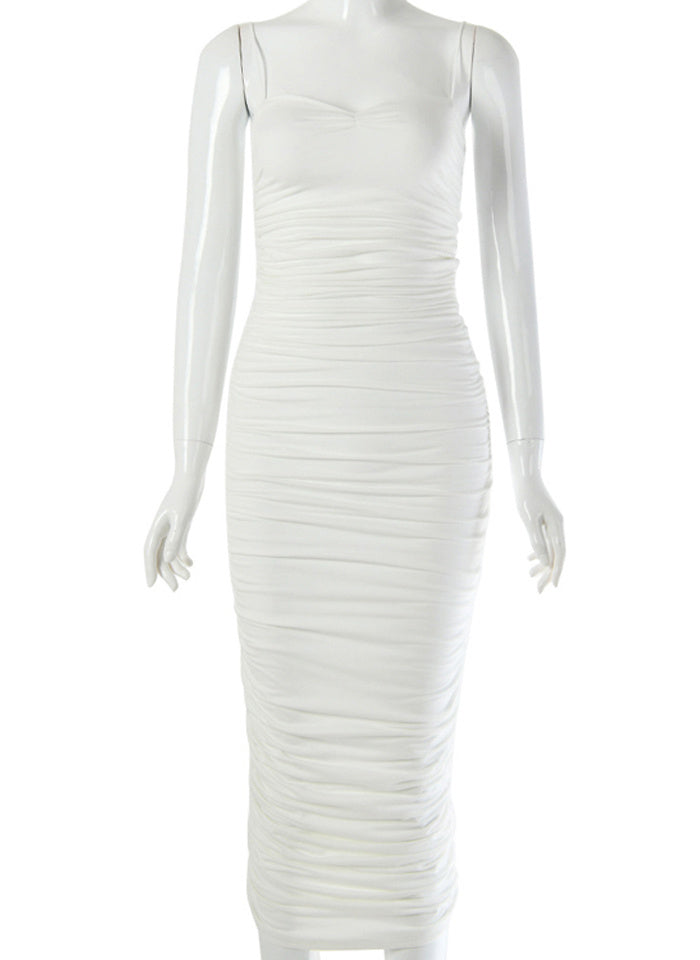 JillPeri Sexy Sleeveless Low Neck Midi Dress High Stretch Ruched Daily Outfit Kardashian Style Bodycon Party Club Long Dress - Alsy store