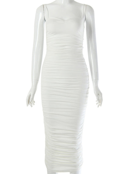 JillPeri Sexy Sleeveless Low Neck Midi Dress High Stretch Ruched Daily Outfit Kardashian Style Bodycon Party Club Long Dress - Alsy store
