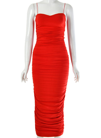 JillPeri Sexy Sleeveless Low Neck Midi Dress High Stretch Ruched Daily Outfit Kardashian Style Bodycon Party Club Long Dress - Alsy store