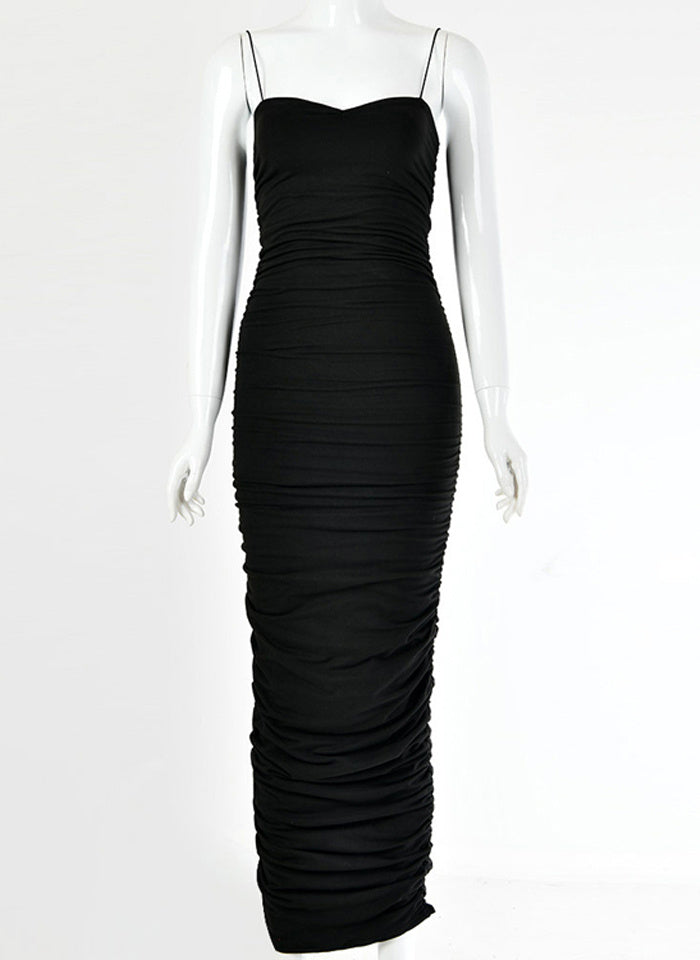 JillPeri Sexy Sleeveless Low Neck Midi Dress High Stretch Ruched Daily Outfit Kardashian Style Bodycon Party Club Long Dress - Alsy store