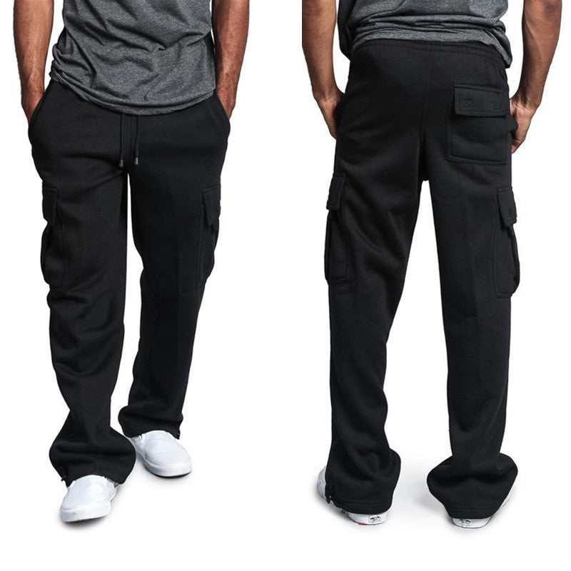 New Men's Drawstring Elastic Waist Solid Color Casual Pants Multi Pocket Trousers - Alsy store