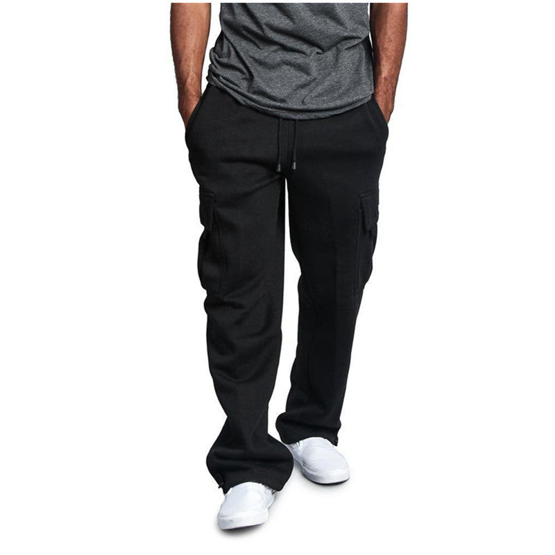 New Men's Drawstring Elastic Waist Solid Color Casual Pants Multi Pocket Trousers - Alsy store