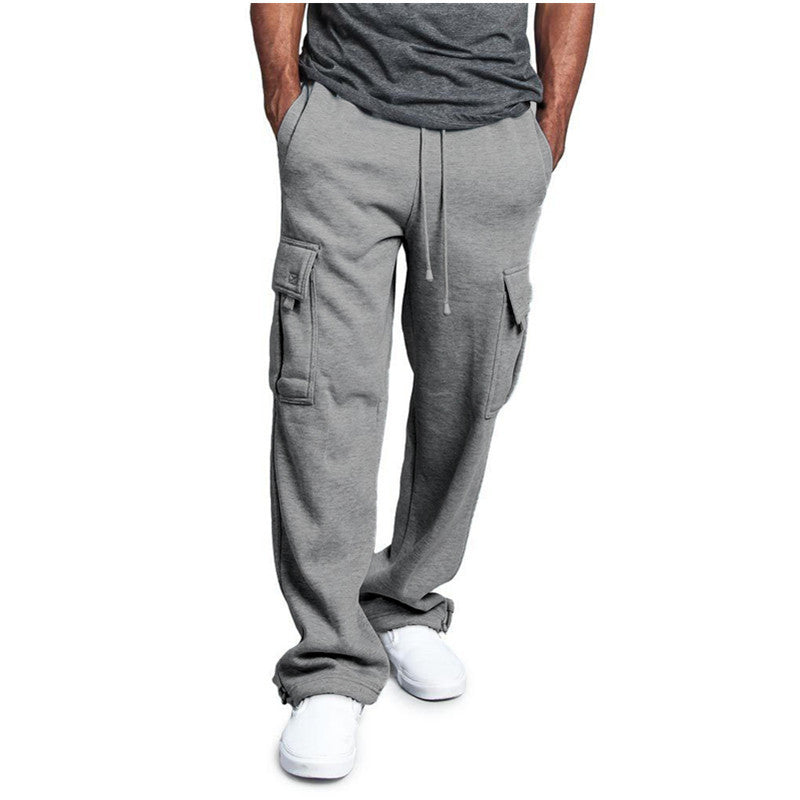 New Men's Drawstring Elastic Waist Solid Color Casual Pants Multi Pocket Trousers - Alsy store