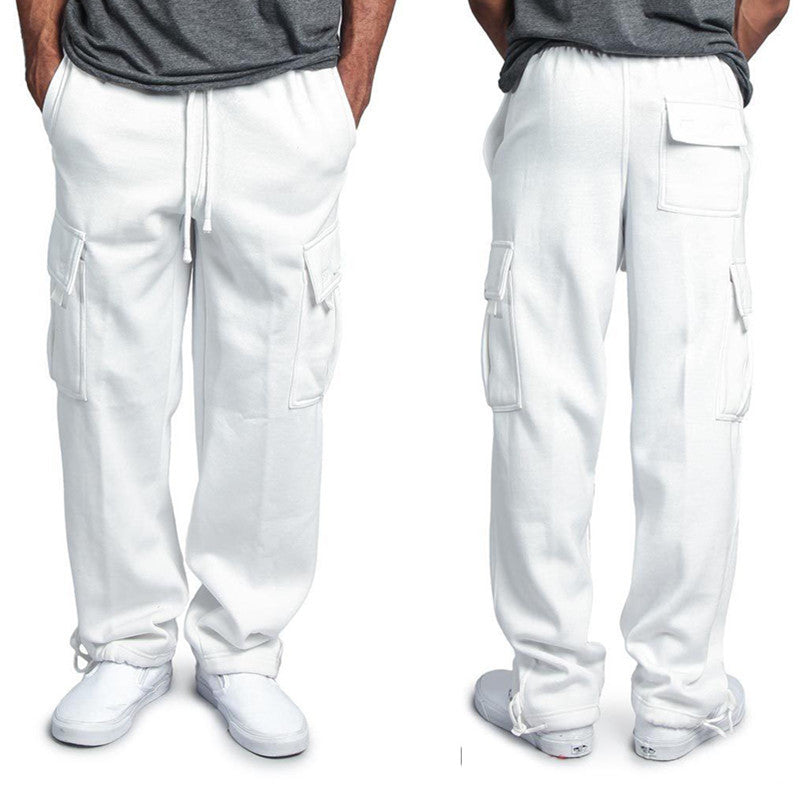 New Men's Drawstring Elastic Waist Solid Color Casual Pants Multi Pocket Trousers - Alsy store