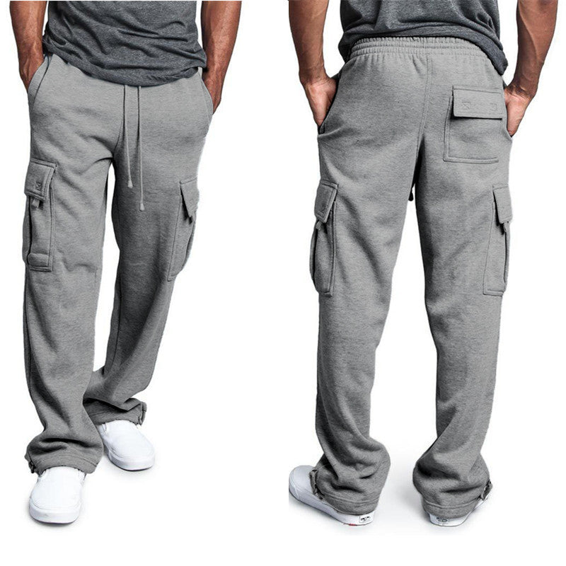 New Men's Drawstring Elastic Waist Solid Color Casual Pants Multi Pocket Trousers - Alsy store