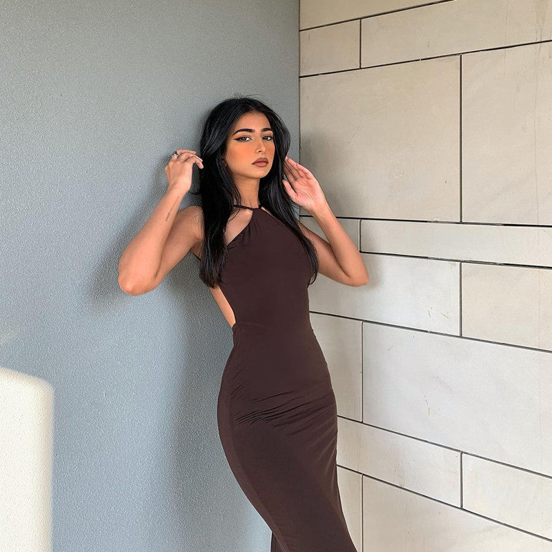 Solid Color Halter Sleeveless Halterneck Dress Long Dress - Alsy store