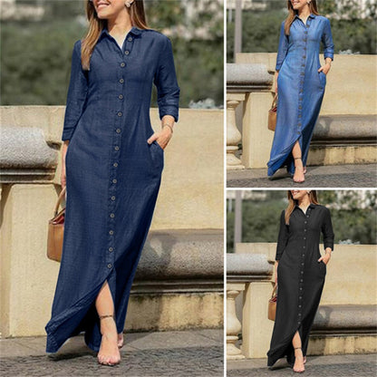 Shirt Collar Denim Button Maxi Dress