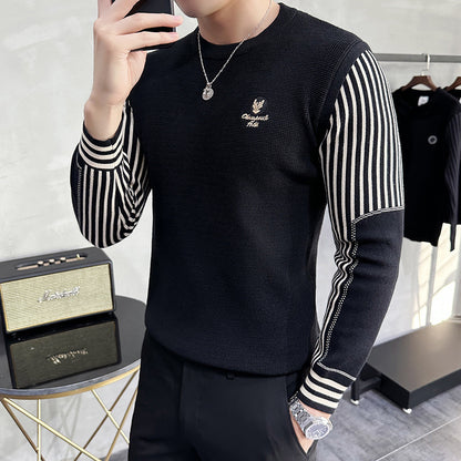 Fall Winter Men Color Contrast Patchwork Round Neck Sweater