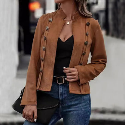 Solide, kurze Jacke, zweireihig, dekoratives Design, modisch, Retro, Wildleder, langärmelig, Oberbekleidung, Tops, Mantel für Damen