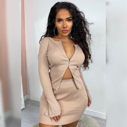 European And American Ins Double Zipper Sunken Stripe Long Sleeve Top Skirt Two-piece Set - Alsy store
