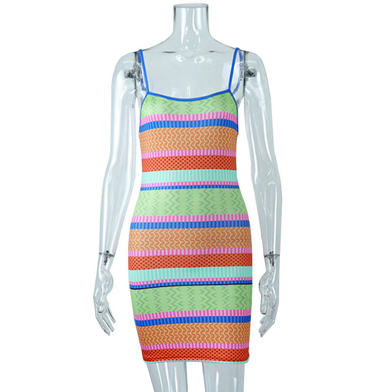 Street Digital Print Stripe Suit Hip Strap Dress - Alsy store