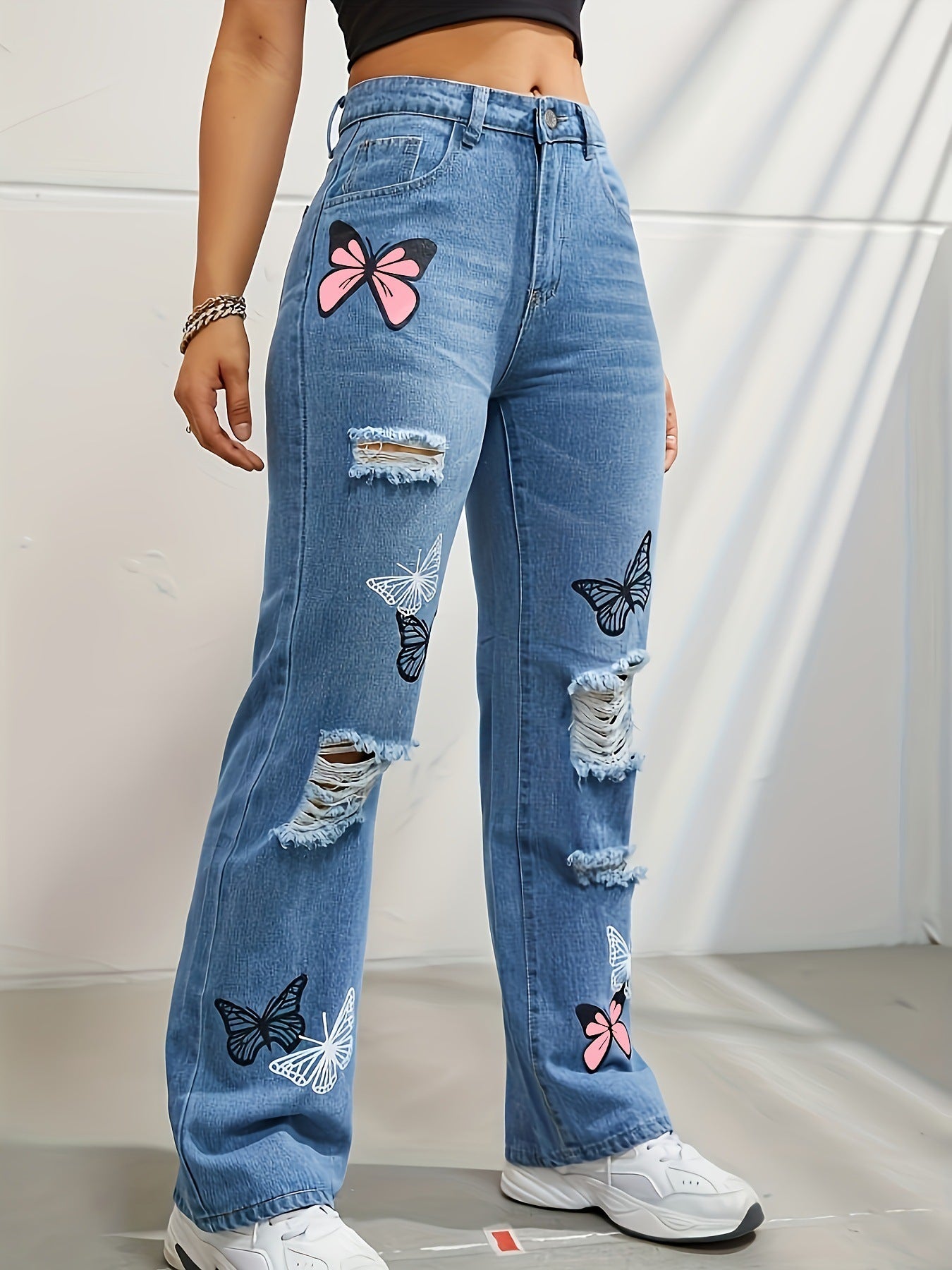 High Waisted Straight Leg Jeans For Women Trendy Butterfly Print Ripped Distressed Denim Pants - Alsy store