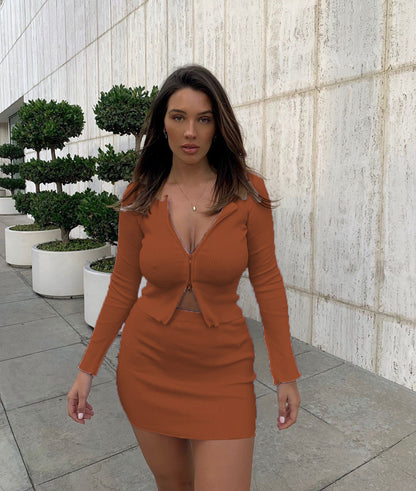 European And American Ins Double Zipper Sunken Stripe Long Sleeve Top Skirt Two-piece Set - Alsy store