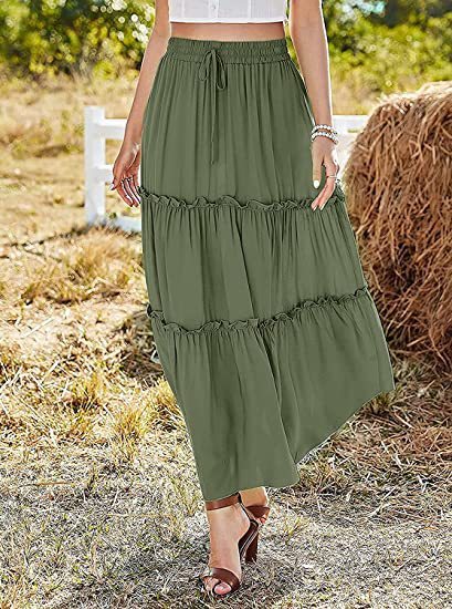 Women's Elastic High Waist A-Line Pleated Casual Maxi Dress - Alsy store