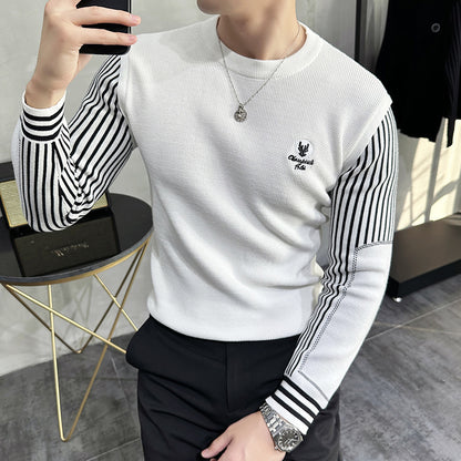 Fall Winter Men Color Contrast Patchwork Round Neck Sweater