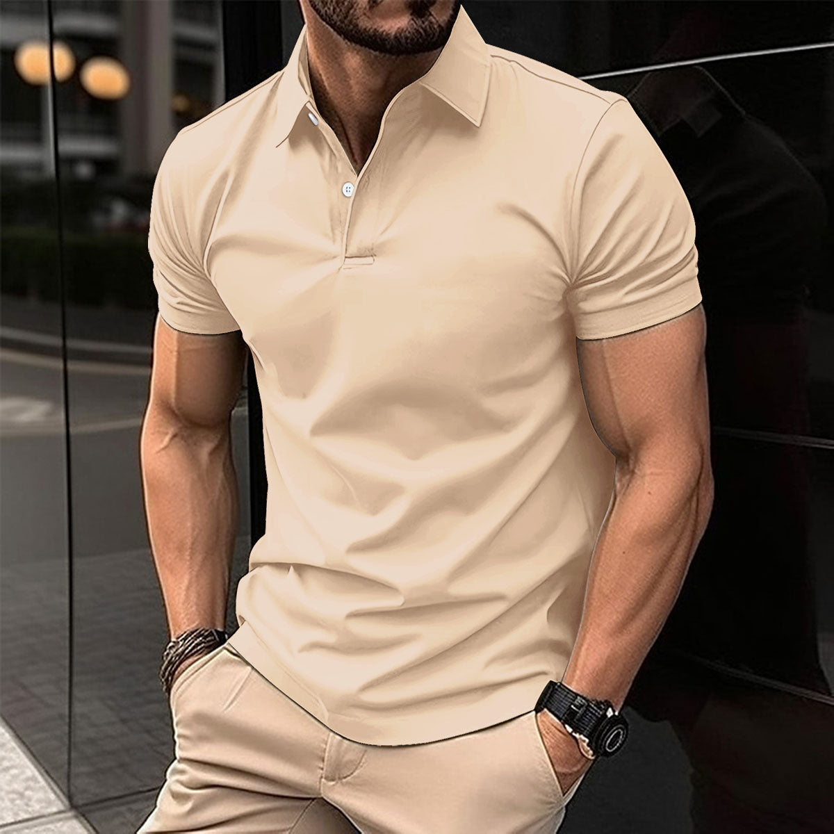 Summer Short Sleeve Polo Shirt Men Solid Color Button Lapel Button Top - Alsy store