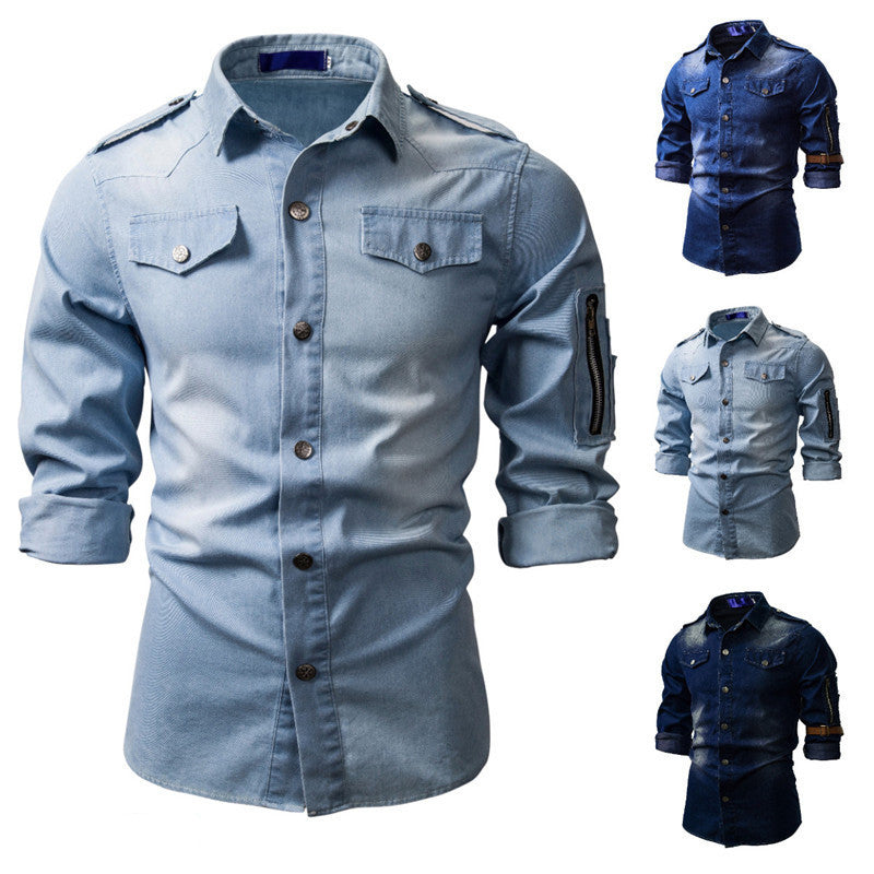 Fashion Men's Washed Denim Long Sleeve Shirt - Alsy store