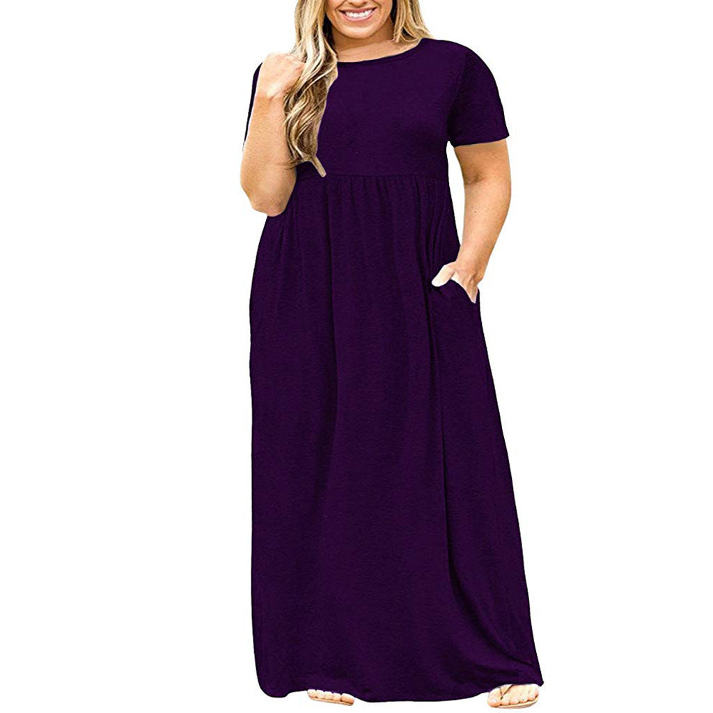 Short Sleeve Round Neck Solid Color Dress - Alsy store