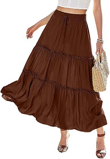 Women's Elastic High Waist A-Line Pleated Casual Maxi Dress - Alsy store