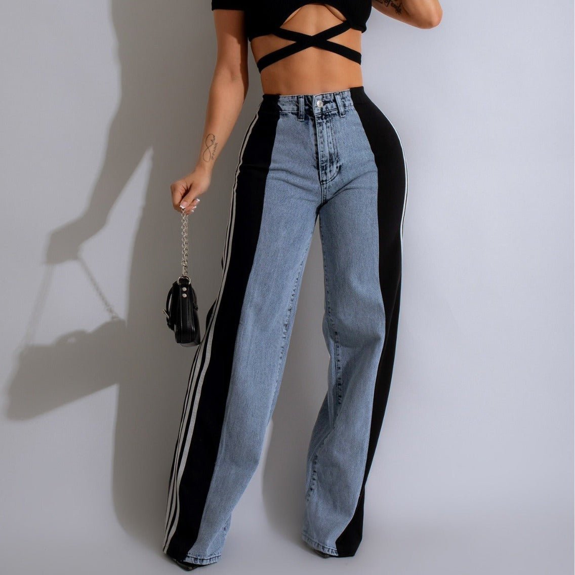 2024 Fashion Casual High Waist Elastic Straight Leg Trousers Three Stripe Patchwork Denim Wide Leg Pants Streetwear - Alsy store