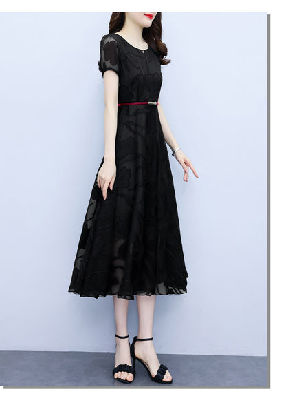 Fashion Round Neck Slim Fit Patchwork Chiffon Jacquard Dress