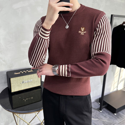 Fall Winter Men Color Contrast Patchwork Round Neck Sweater