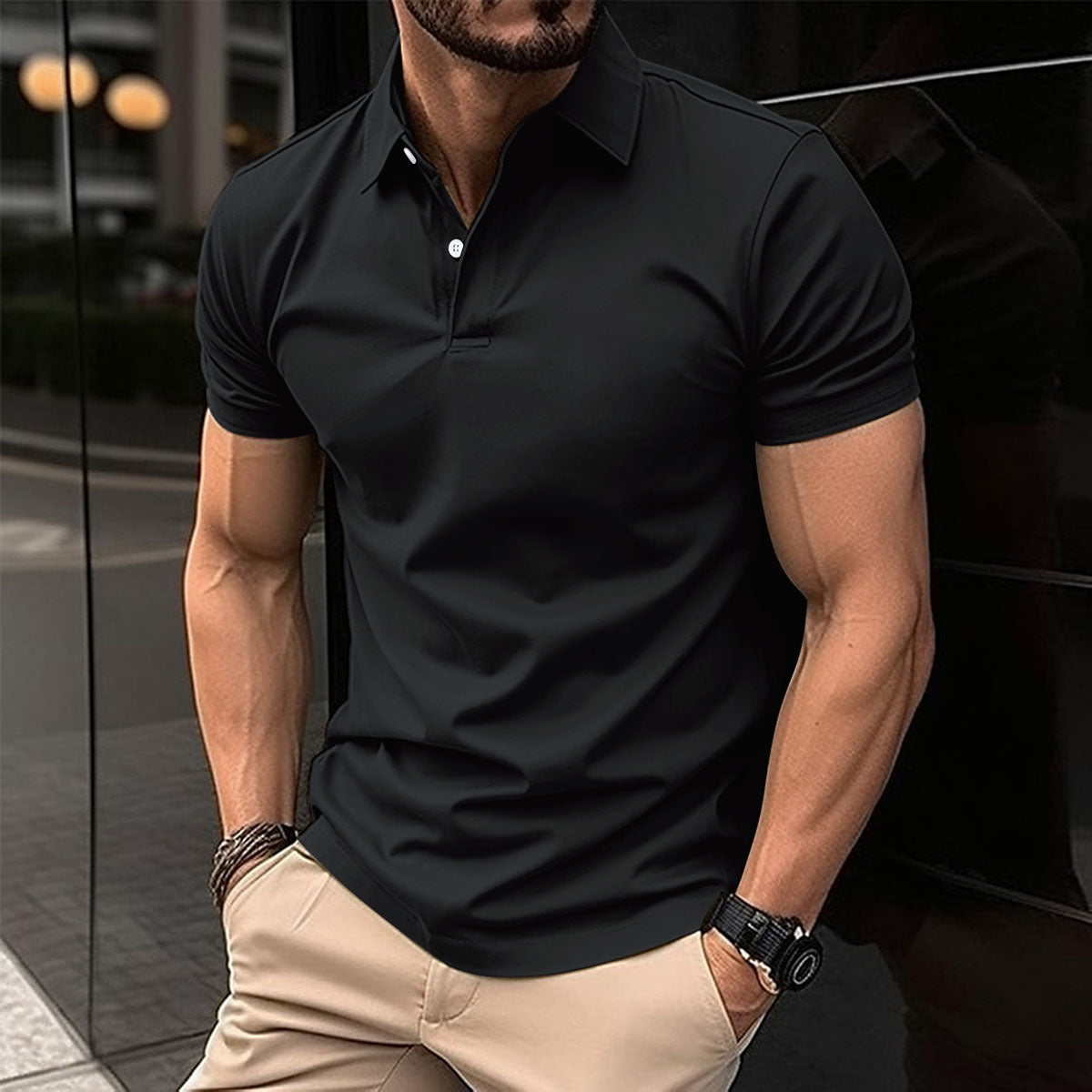 Summer Short Sleeve Polo Shirt Men Solid Color Button Lapel Button Top - Alsy store