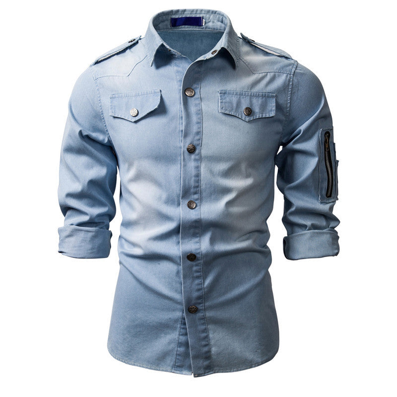 Fashion Men's Washed Denim Long Sleeve Shirt - Alsy store