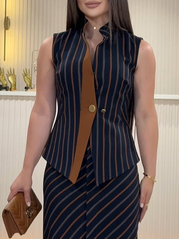 Striped Stand-up Collar Vest & Front Slit Skirt Suit - Alsy store