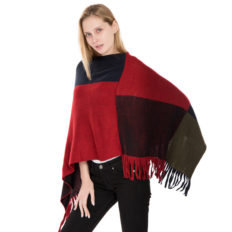 Large Plaid Color Matching Knitted Warm Shawl European And American Autumn And Winter - Alsy store